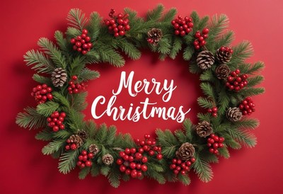 Christmas wreath with pine, berries, and cones