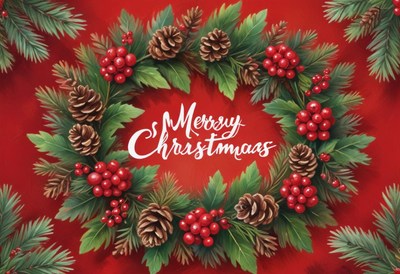 A christmas wreath with pine cones, berries, and greenery