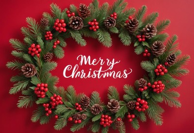 A festive christmas wreath with red berries and pine cones