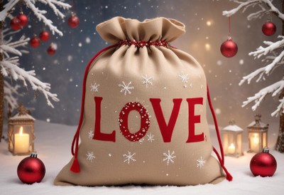 Love gift bag on snow with lanterns and ornaments