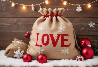 A burlap bag with a red love design sits on a snowy table