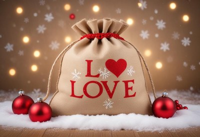 Burlap bag with a red heart and love in snow