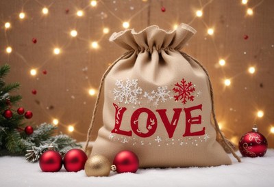 Burlap bag with love on snow, christmas lights