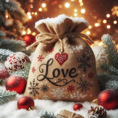 Burlap love bag rests in snow with red ornaments