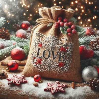 A burlap sack with love rests in the snow