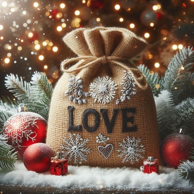 Burlap sack labeled 'love' by a snowy tree