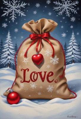 Burlap sack with red bow on snowy ground by pines