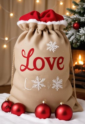 A love-embroidered burlap sack by the fireplace
