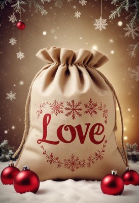 A burlap sack reading love rests in the snow