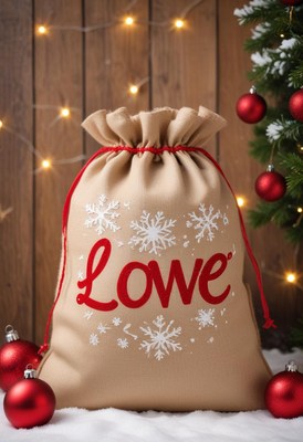 Burlap 'love' bag by the christmas tree