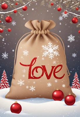 A brown sack with love written on it sits in the snow