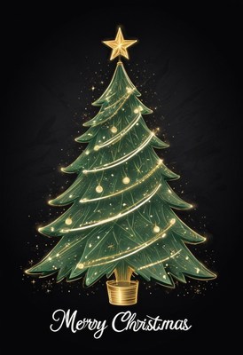 A green christmas tree with lights on a black background