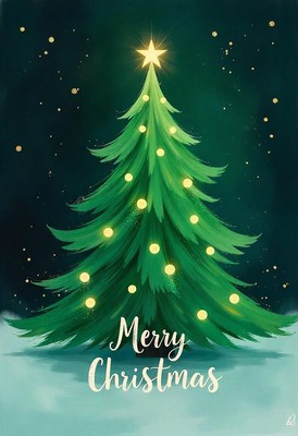 A decorated christmas tree glows in the night