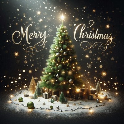 A festive tree with gifts stands in the snow