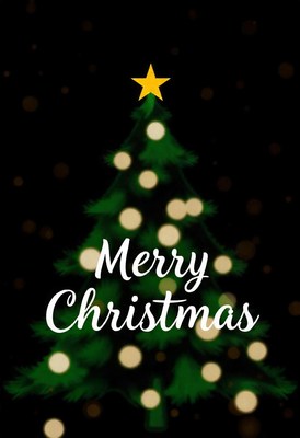 A festive christmas tree with lights on a black background