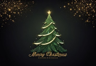 A green christmas tree with golden lights and a star on top