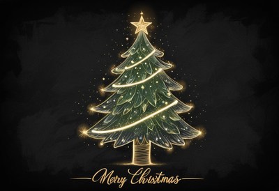 Golden christmas tree with lights on black