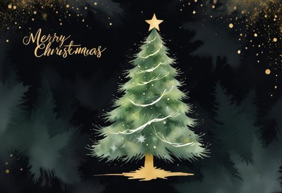 A watercolor christmas tree with gold accents