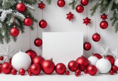 Red and white ornaments hang from a tree branch