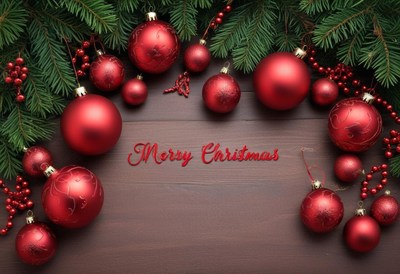 Red ornaments and pine frame a wooden merry christmas