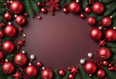 Red ornaments and greenery surround a red background