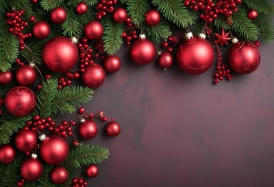 Red ornaments and green branches on dark backdrop