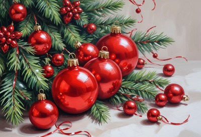 Red ornaments hang on a pine branch