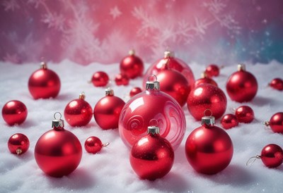 Red christmas ornaments sit on snow