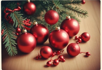 Red ornaments sit on a wooden table with evergreen branches