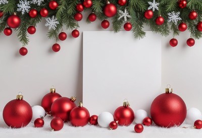 Red ornaments decorate a white background