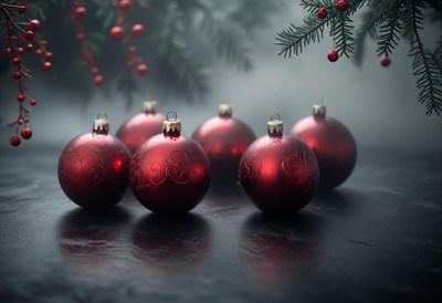 Red christmas ornaments sit on a table