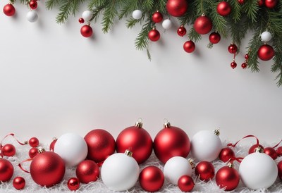 Red and white ornaments decorate a white surface