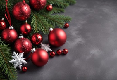 Red ornaments and pine branches on a gray background