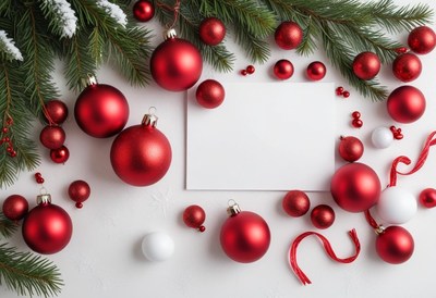 Red ornaments and evergreen branches on a white background