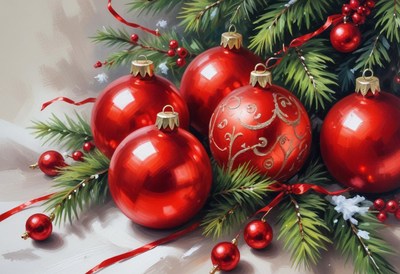 Red christmas ornaments nestled in pine branches