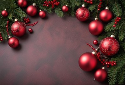 Red ornaments and pine branches on a brown background