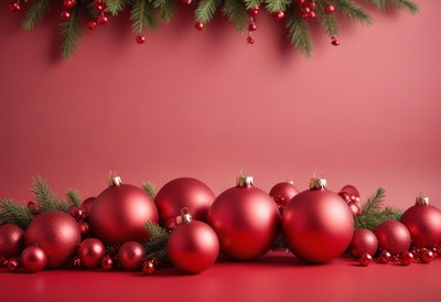 Red ornaments rest on a red surface with pine sprigs