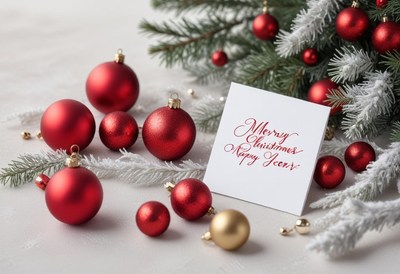 Red ornaments on a white background with a christmas card