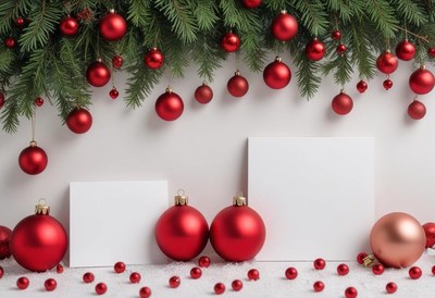 Red ornaments hang from a pine branch