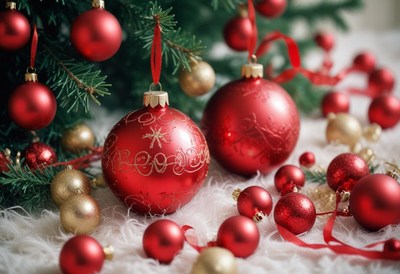 Red ornaments hang from a christmas tree