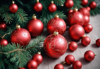 Red ornaments decorate a tree branch