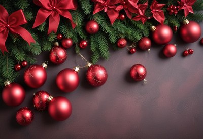 Red ornaments and pine branches rest on a dark background