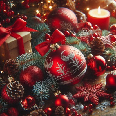 A red ornament with white details among decorations