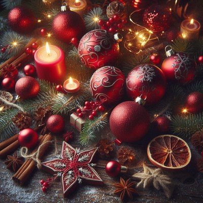 Red ornaments and candles adorn a festive table
