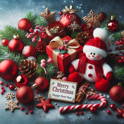 Festive christmas decor: ornaments, snowman, gift