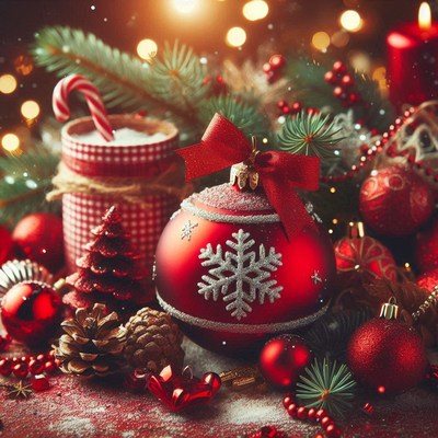 A red snowflake ornament among festive decor