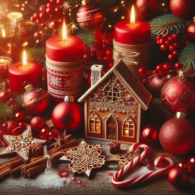 Red candles and ornaments surround a gingerbread house