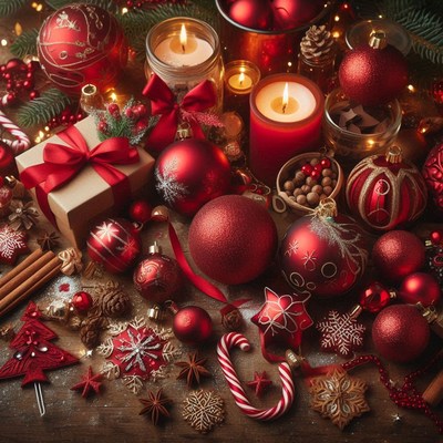 Red ornaments and candles create a festive christmas scene