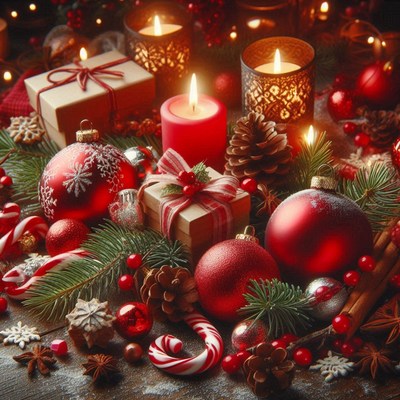 A festive christmas setup with candles and gifts