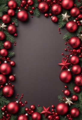Red ornaments and pine branches frame a dark background